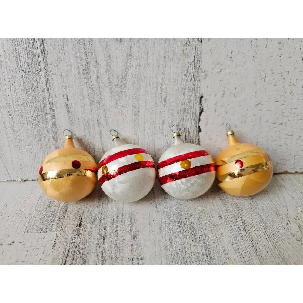 Vintage ball stripe gold white bread mini ornament Xmas tree set